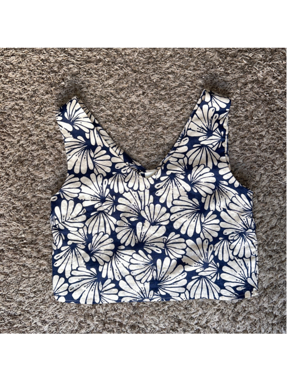 Women's Magaschoni 100% Linen Floral Crop Tank Top Navy & Cream Size S
